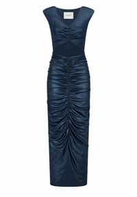 Dunkelblaues Kleid mit taillierter Silhouette, aus glattem Stoff gefertigt. Verfügt über Fälteldetails entlang des Körpers und einen tiefen V-Ausschnitt.