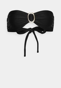 Top de bikini preto sem alças, feito de material suave, com uma fivela central de hardware dourado e laços ajustáveis nas costas.