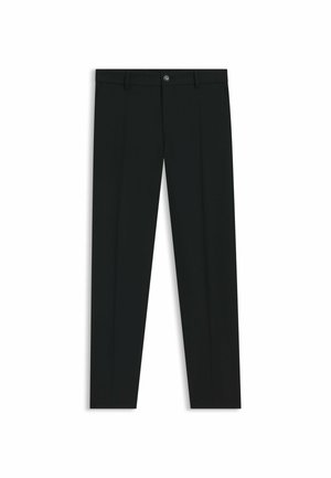 Pantalons noirs avec une coupe droite, fabriqués en tissu lisse. Présente une fermeture éclair à l'avant et des passants de ceinture. Unis sans motifs.