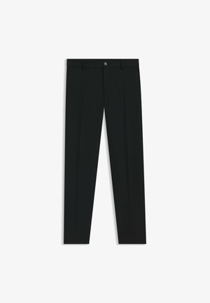 Svarta dressbyxor med rak bendesign, gjorda av ett mjukt tyg. Har stängning med frontknapp och bälteshällor. Enfärgade utan mönster.