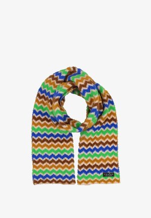 Kelių spalvų šaliką, puošiamą zigzago raštu rudais, žaliais, mėlynais ir bežiniais atspalviais. Pagamintas iš minkštos, tekstūruotos medžiagos.