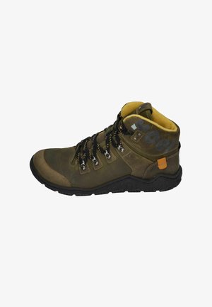 Brown hiking boot made of leather and textile with a padded collar, black outsole, and metal eyelets for laces. Yellow accents on lining.