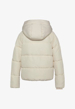 Cremfarbener Puffer-Jacke mit Kapuze, gestepptem Design und gerippten Bündchen. Die Jacke hat eine gekürzte Passform und eine glatte Textur.