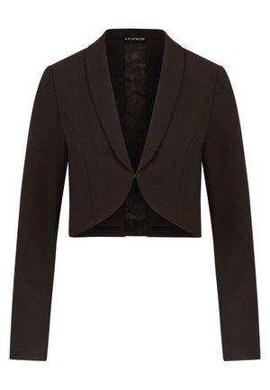 Kurze Jacke aus dunkelbraunem Stoff mit Schalkragen, langen Ärmeln und einer glatten Textur. Vorn offen mit keinen sichtbaren Verschlüssen.