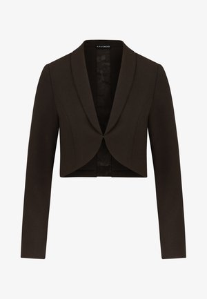 Kurze Jacke aus dunkelbraunem Stoff mit Schalkragen, langen Ärmeln und einer glatten Textur. Vorn offen mit keinen sichtbaren Verschlüssen.