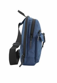 Borsa a tracolla blu navy con multiple tasche, cerniere e una tracolla nera regolabile. Tessuto in nylon testurizzato con un design elegante.