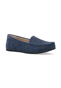 Granatowe buty wsuwane z teksturowaną cholewką z geometrycznym wzorem, wykonane z miękkiego materiału i elastycznej gumowej podeszwy.