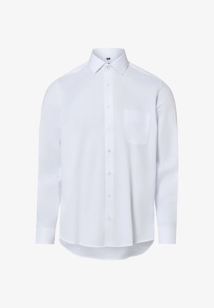 Chemise blanche à manches longues avec boutons, poche poitrine et col classique, présentée sur un fond blanc uni.