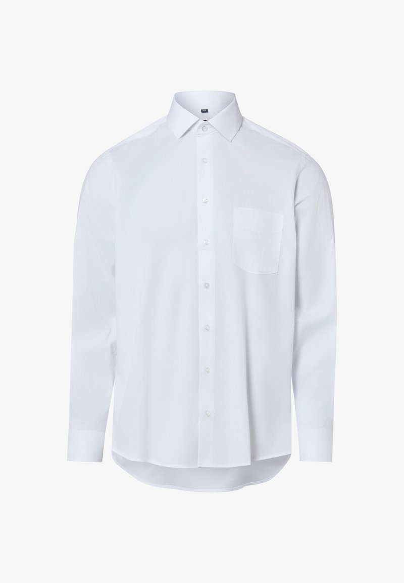 Weißes langärmliges Hemd mit Knöpfen, einer Brusttasche und klassischem Kragen, vor einem schlichten weißen Hintergrund präsentiert.