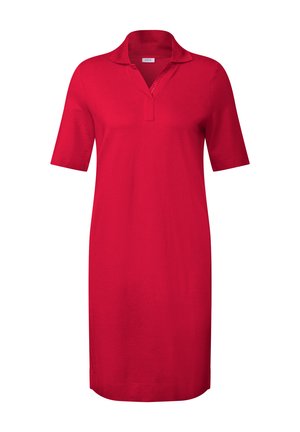 Abito polo rosso con maniche corte, collo a coste e patta nascosta. Tessuto liscio e uniforme con una vestibilità comoda e orlo dritto.