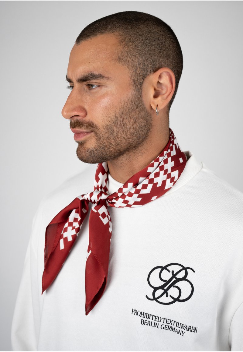 Homme aux cheveux courts et à la barbe, portant une chemise blanche et un foulard en soie rouge à motifs noué autour du cou.
