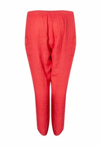 Pantaloni in lino rossi con vestibilità rilassata, dotati di una vita elasticizzata e gambe dritte. Design minimalista senza motivi o accenti visibili.