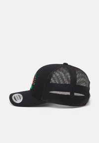 Melnā cepure ar acu aizmuguri, izliekts vizieris un sarkani-zaļa izšūšana priekšā. Regulējama snapback aizdare sānos.