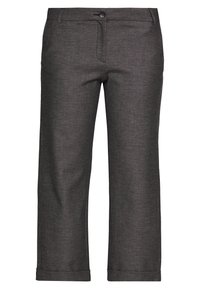 Mörkgrå byxor i texturerad tyg. Medelhög midja med knäppning, rak bendesign och upprullade fållar.