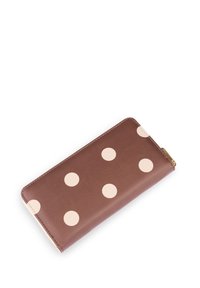 Brown leather wallet with beige polka dots, rectangular shape, featuring a zipper closure and smooth texture.