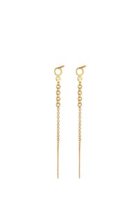 Orecchini color oro con un design a catena, caratterizzati da una finitura testurizzata e una forma snella ed allungata. Chiusura sicura sulla parte superiore.