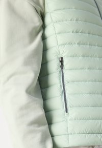 Chaqueta de plumas verde claro con textura acolchada y una manga de un verde claro en contraste. Presenta un bolsillo con cremallera en el lateral.