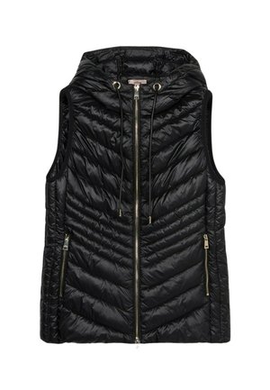 Zwarte puffervest met een capuchon, ritssluiting aan de voorkant en zijzakken. Kenmerken zijn het doorgestikte chevronpatroon en de trekkoord bij de kraag. Soepele, geïsoleerde textuur.