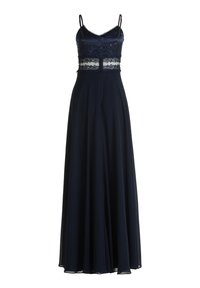 Robe de soirée bleu marine avec un corsage en satin ajusté ornée d'accents en dentelle et une jupe flottante en chiffon. Bretelles réglables et fermeture zip à l'arrière.