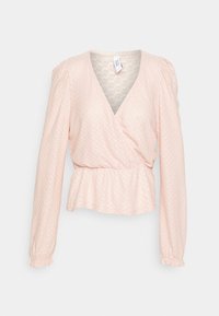Top envolvente rosa pálido com mangas longas bufantes, tecido texturizado e punhos com volantinho. Apresenta um decote em V profundo e uma cintura ajustada.