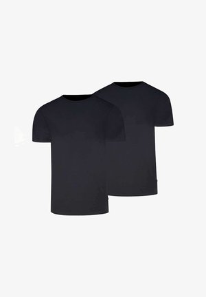 Twee effen zwarte T-shirts met korte mouwen en een ronde hals, naast elkaar weergegeven op een witte achtergrond.