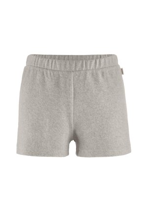 Pantaloncini in spugna grigio chiaro con vita elastica e una piccola etichetta laterale, mostrati su uno sfondo bianco.