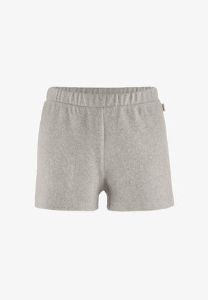 Hellgraue Frottee-Shorts mit elastischem Bund und einem kleinen Seitenschild, dargestellt vor weißem Hintergrund.