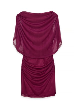 Burgundy dress with a draped neckline and sheer overlay, featuring gathered detailing at the waist and a fitted silhouette.