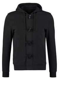 Sweat à capuche noir avec design à bascule à l'avant, deux poches latérales, poignets et ourlet côtelés. Confectionné en tissu doux et texturé.