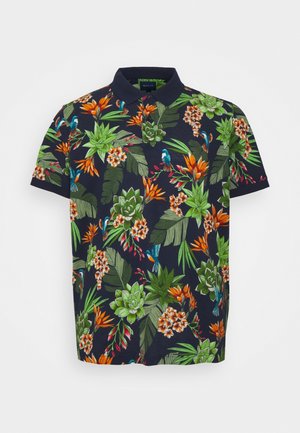 Polo bleu marine à manches courtes, présentant un motif de feuilles tropicales vertes, de fleurs orange et blanches, ainsi que de petits oiseaux bleus.