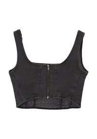 Schwarzes Denim-Crop-Top mit quadratischem Ausschnitt, breiten Trägern und Frontreißverschluss. Hat eine taillierte Passform und dezente Nähedetails.