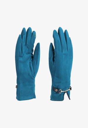 Guanti in suede verde acqua con design aderente, caratterizzati da una cinghia decorativa e dettagli in metallo al polso. Texture liscia in tutto il guanto.