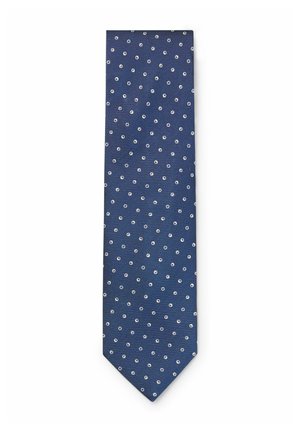 Marineblaue Krawatte mit kleinem weißen Punktmuster, gleichmäßig über den Stoff auf weißem Hintergrund verteilt.
