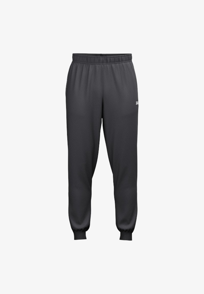 Black elastic-waist jogger pants with gathered cuffs and a small logo on the upper thigh, designed for casual or athletic wear.