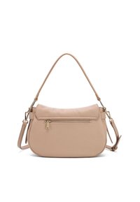 Borsa a tracolla in pelle beige con forma arrotondata, tasca frontale con zip e spallaccio rimovibile. Presenta dettagli in metallo con finitura dorata.