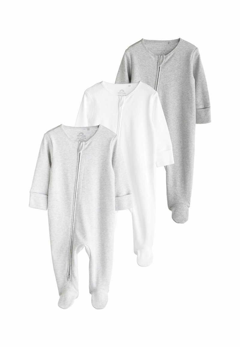 Tre baby jumpsuits i ljusgrått, vitt och mörkgrått. Tillverkade i bomull med långa ärmar, frontdragkedjor och fötter.