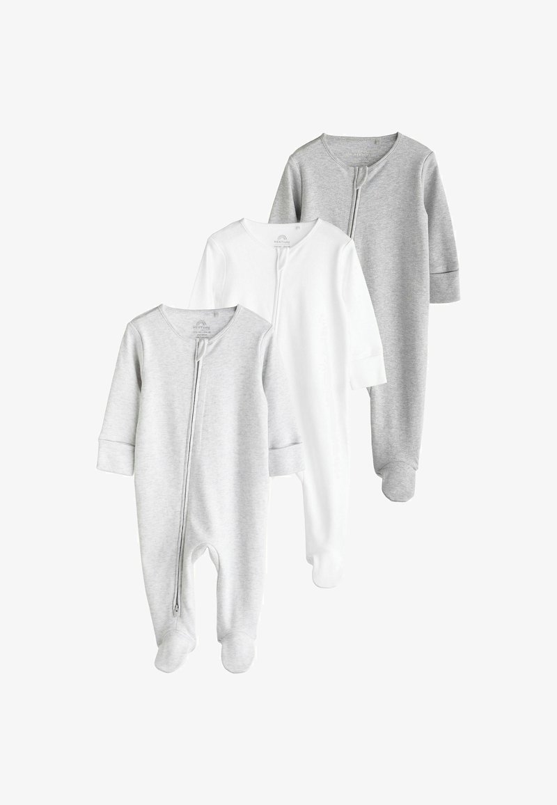 Tre tute per neonato in grigio chiaro, bianco e grigio scuro. Materiale in cotone con maniche lunghe, cerniere frontali e fondo con piedi.