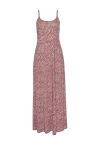 Μάξι φόρεμα με λεπτές τιράντες, με κόκκινο και λευκό αφηρημένο σχέδιο, κατασκευασμένο από ελαφρύ ύφασμα· ρέουσα σιλουέτα, σχέδιο μέχρι τον αστράγαλο.