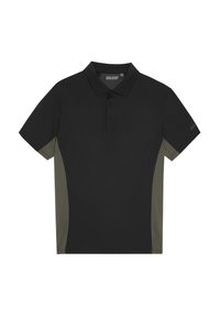 Sort polo-shirt med olivengrønne sidepaneler, korte ærmer, tre-knaps placket og brandlogo på ærmet. Glat stofstruktur.