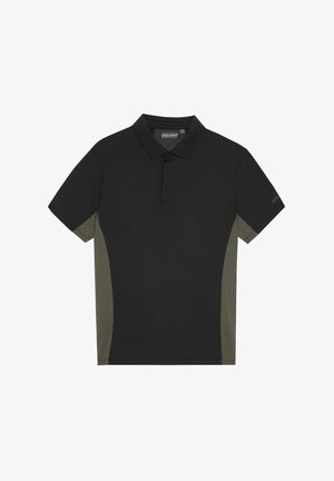 Polo shirt nera con pannelli laterali verde olivo, maniche corte, colletto a tre bottoni e logo del brand sulla manica. Tessuto morbido.
