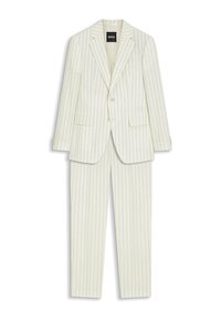 Costume blanc à fines rayures composé de deux pièces avec veste à revers crantés et pantalon droit assorti, présenté à plat sur fond blanc.