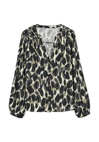 Blouse à imprimé léopard en noir, gris et crème ; présente un décolleté en V, une fermeture à boutons et des manches longues avec fronces. Tissu léger.