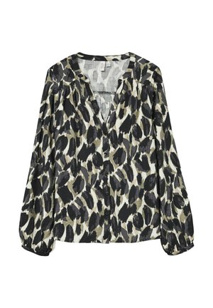 Blouse à imprimé léopard en noir, gris et crème ; présente un décolleté en V, une fermeture à boutons et des manches longues avec fronces. Tissu léger.
