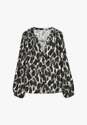 Blusa con stampa leopardata nei colori nero, grigio e crema; presenta un scollo a V, chiusura con bottoni e maniche lunghe a sbuffo. Tessuto leggero.