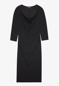 Svart kjole med cowl-halslinje og trekvartlange ermer. Har et tettsittende liv med draperte detaljer og glatt tekstur.