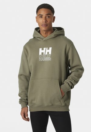 Sudadera verde oliva con bolsillo canguro, capucha con cordón y logo blanco "HELLE HANSEN" en la parte delantera. Material suave de mezcla de algodón.