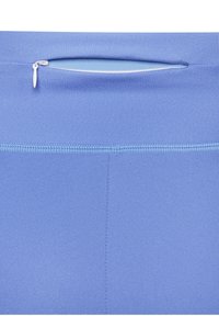 Blaue Sportleggings mit einem Reißverschluss-Rückentasche, glatter Textur und Nahtdetails entlang des Bunds und der Seiten.