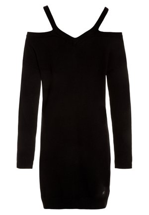 Schwarzes Strickkleid mit langen Ärmeln und schulterfreiem Design. V-Ausschnitt, gerippter Saum und Bündchen, weiche Textur, keine Muster oder zusätzlichen Details.