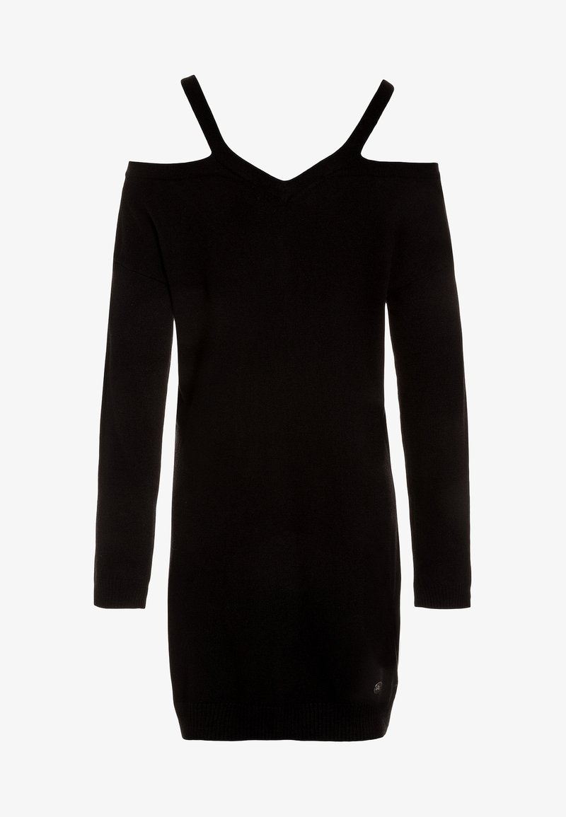 Robe en maille noire à manches longues avec un design à épaules dénudées. Encolure en V, ourlet et poignets côtelés, texture douce, sans motifs ni détails supplémentaires.