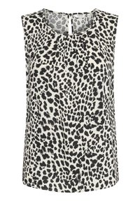 Sleeveless top with an animal print pattern in black on a cream background, featuring a round neckline and a keyhole back detail.